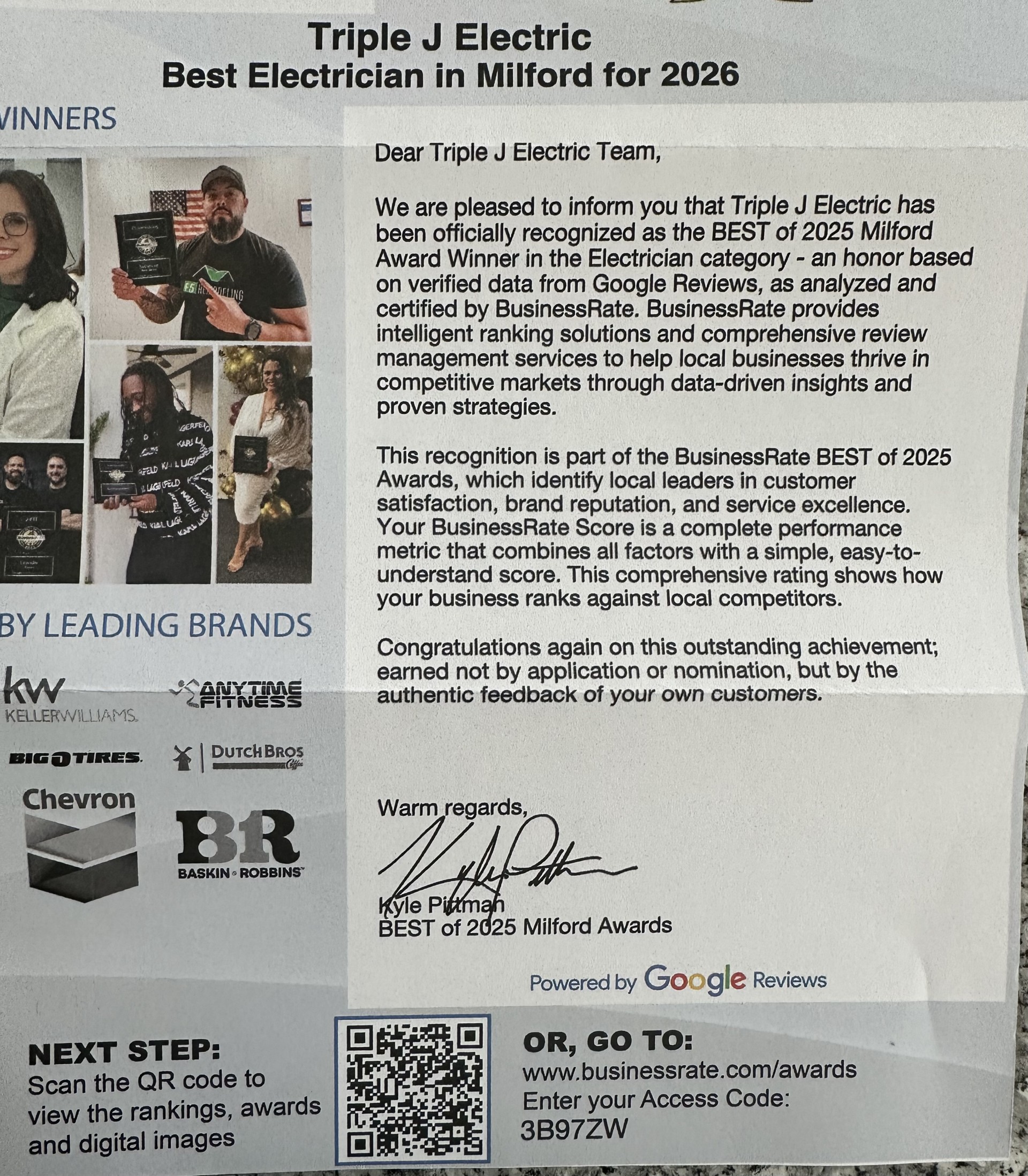 A letter about Triple J Electric being named Best Electrician in Milford for 2026, featuring award details, sponsor logos, a QR code, and an About Us section highlighting their commitment to excellence.